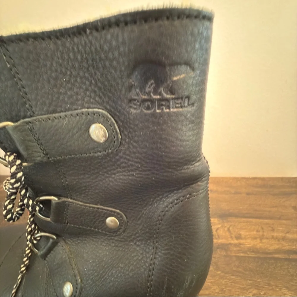 SOREL Boots Joan of Arctic Womens 7.5 Mid Wedge Shearling Black Snow Winter